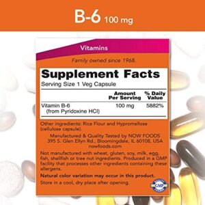 NOW Supplements, Vitamin B-6 (Pyridoxine HCl) 100 mg, Cardiovascular Health, 250 Veg Capsules - Image 2