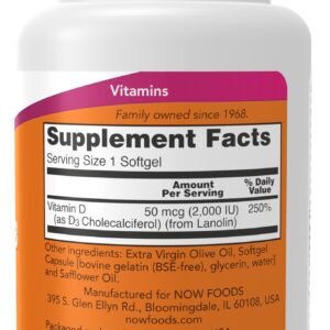 NOW Supplements, Vitamin D-3 2,000 IU, High Potency, Structural Support*, 120 Softgels - Image 2