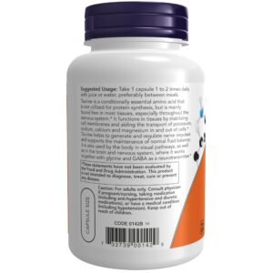 NOW Supplements, Taurine 1,000 mg, Double Strength, Nervous System Health*, 100 Veg Capsules - Image 3