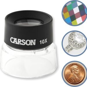 Carson LumiLoupe 10X Power Black/Clear Stand Magnifier, Ambient Light, 1.0 inch Lens Diameter, 2.0 inch Base Diameter, 2.0 x 1.75 x 2.0 inches, 0.05 kg - Image 1
